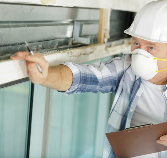 Asbestinspectie op locatie asbest inspecteur controle gebouw kozijn mondmasker inventarisatie